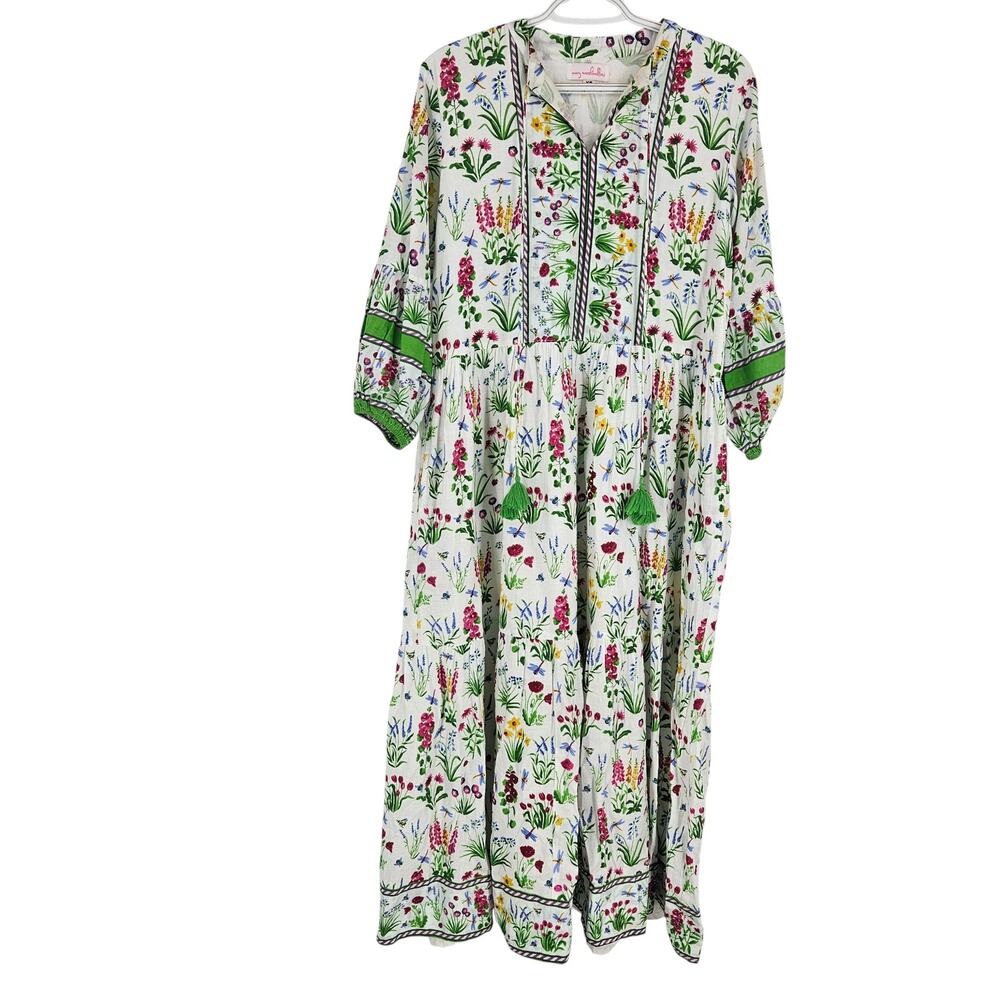 Mary Marshmallow Dress Green White Floral Tassel Maxi Long Sleeve Boho Size XS